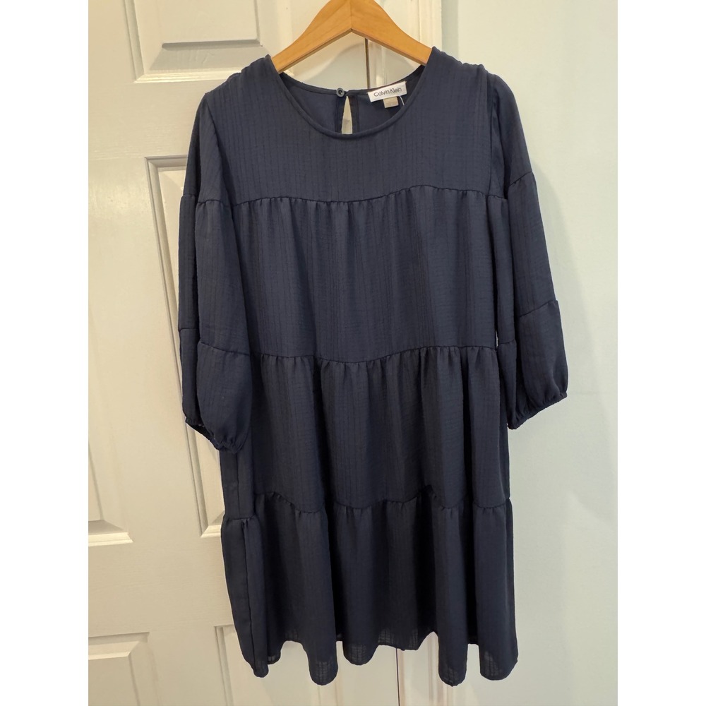 Calvin Klein Womens Navy Blue‎ Tiered Babydoll Dress Textured 3/4 Sleeve Size 14
